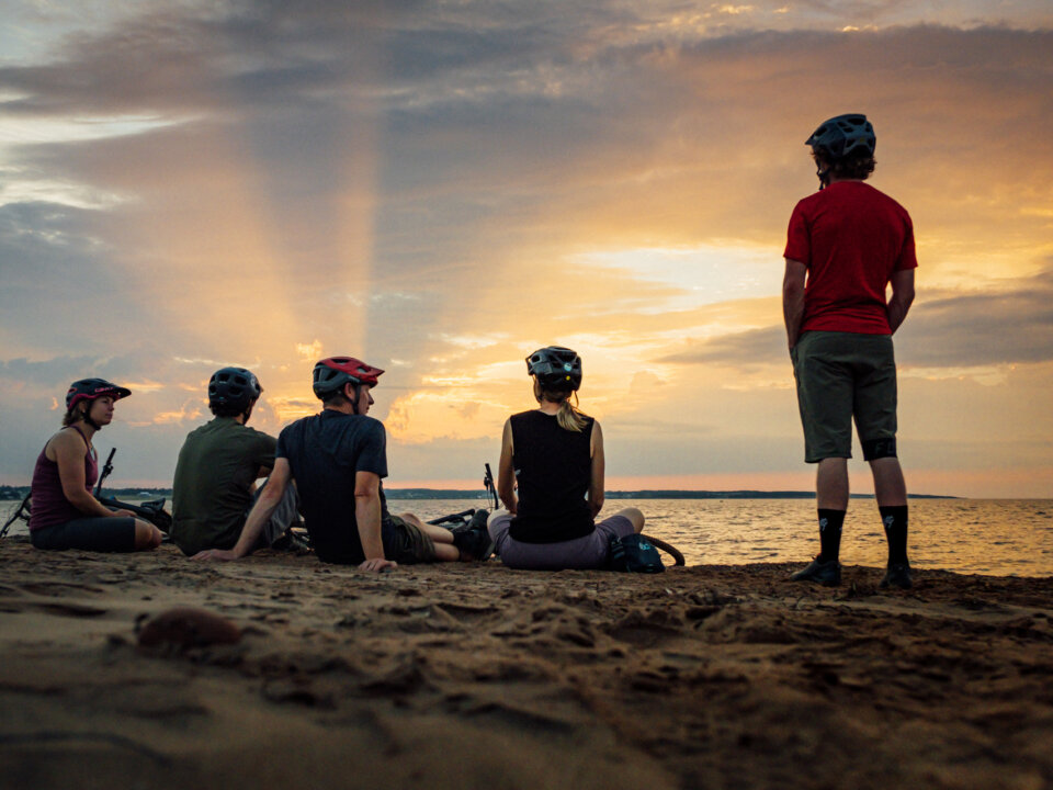 The whole crew enjoying an incredible sunset at Robinson's Island in Prince Edward Island